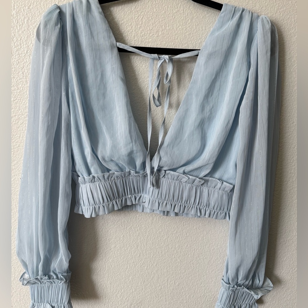 Milk & Honey Blue Chiffon Puff Sleeve Crop Top Cottagecore Size S NWOT - Picture 7 of 9